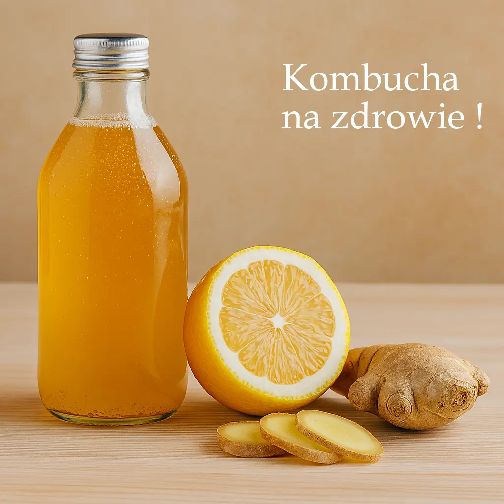 Naturalna kombucha w butelce na stole – fermentowany napój probiotyczny