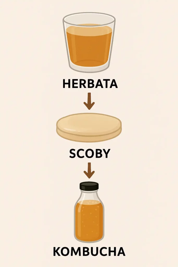 kombucha_fermentacja Uproszczony schemat procesu fermentacji kombuchy